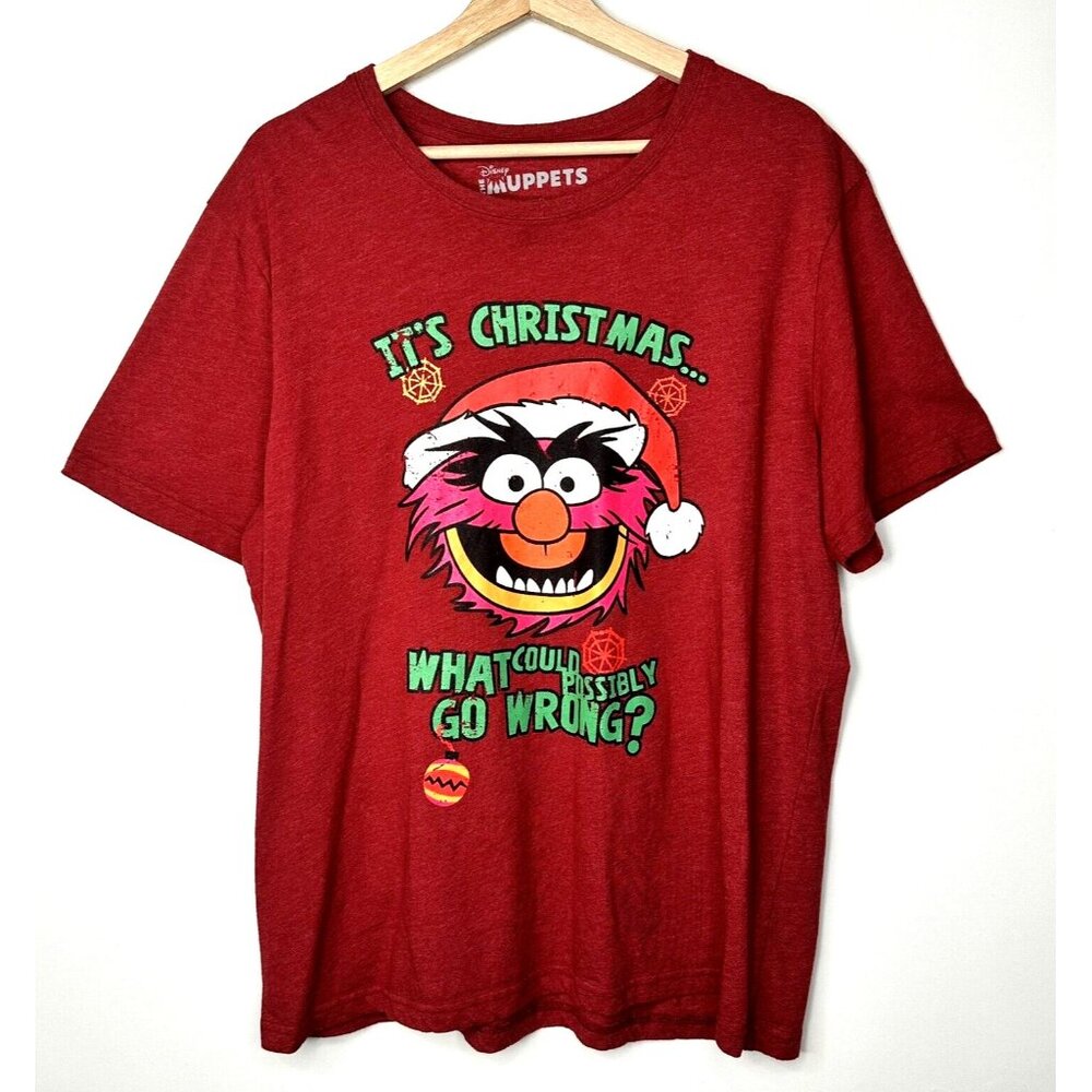 Disney Mens Shirt Muppets Christmas Animal Graphic Short Sleeve Crew Neck Red L